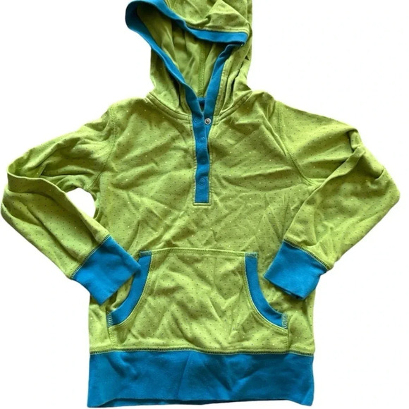 LL BEAN EUC GIRLS TOP HODDIE SHIRT HOODED CASUAL FALL WINTER GREEN BLUE SZ M 5 6 - Picture 1 of 3
